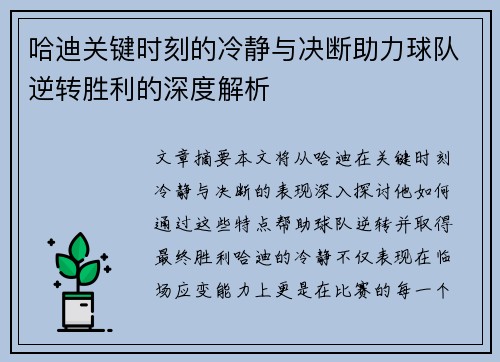 哈迪关键时刻的冷静与决断助力球队逆转胜利的深度解析